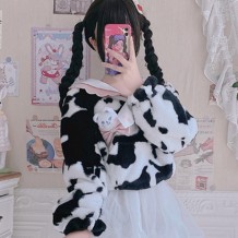 Autumn Winter Cozy Cow Print Lolita Woolen Hoodie