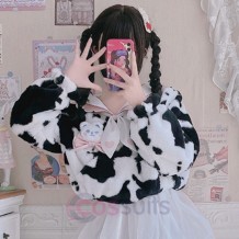 Autumn Winter Cozy Cow Print Lolita Woolen Hoodie