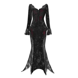Scarlet Romance Gothic Velvet Mermaid Dress with Long Sleeves