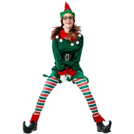 2022 Women's Green Elf Christmas Costume Dress with Hat Full Set