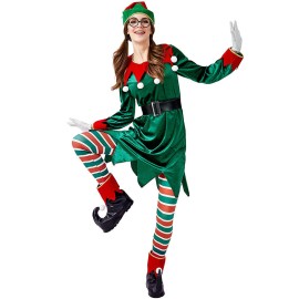 2022 Women's Green Elf Christmas Costume Dress with Hat Full Set