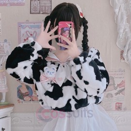 Autumn Winter Cozy Cow Print Lolita Woolen Hoodie
