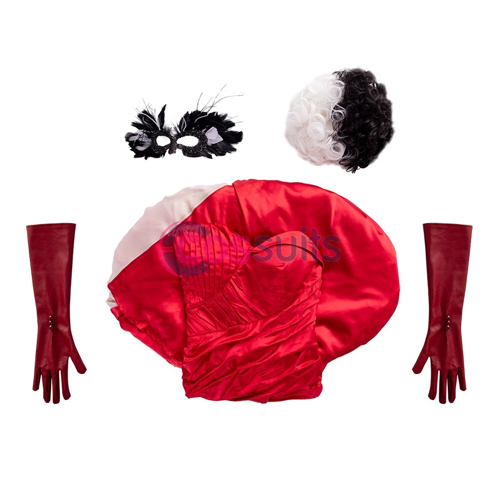 emma stone cruella red dress Cruella De Vil Cosplay Costume Emma Stone Red Dress With Wig